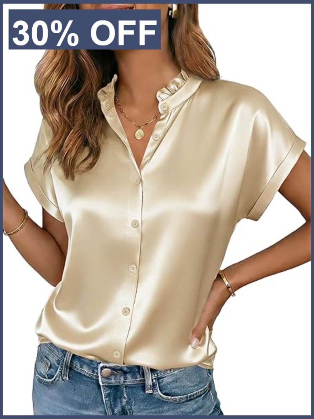 Short Sleeve Button Down Blouse with Ruffle Collar